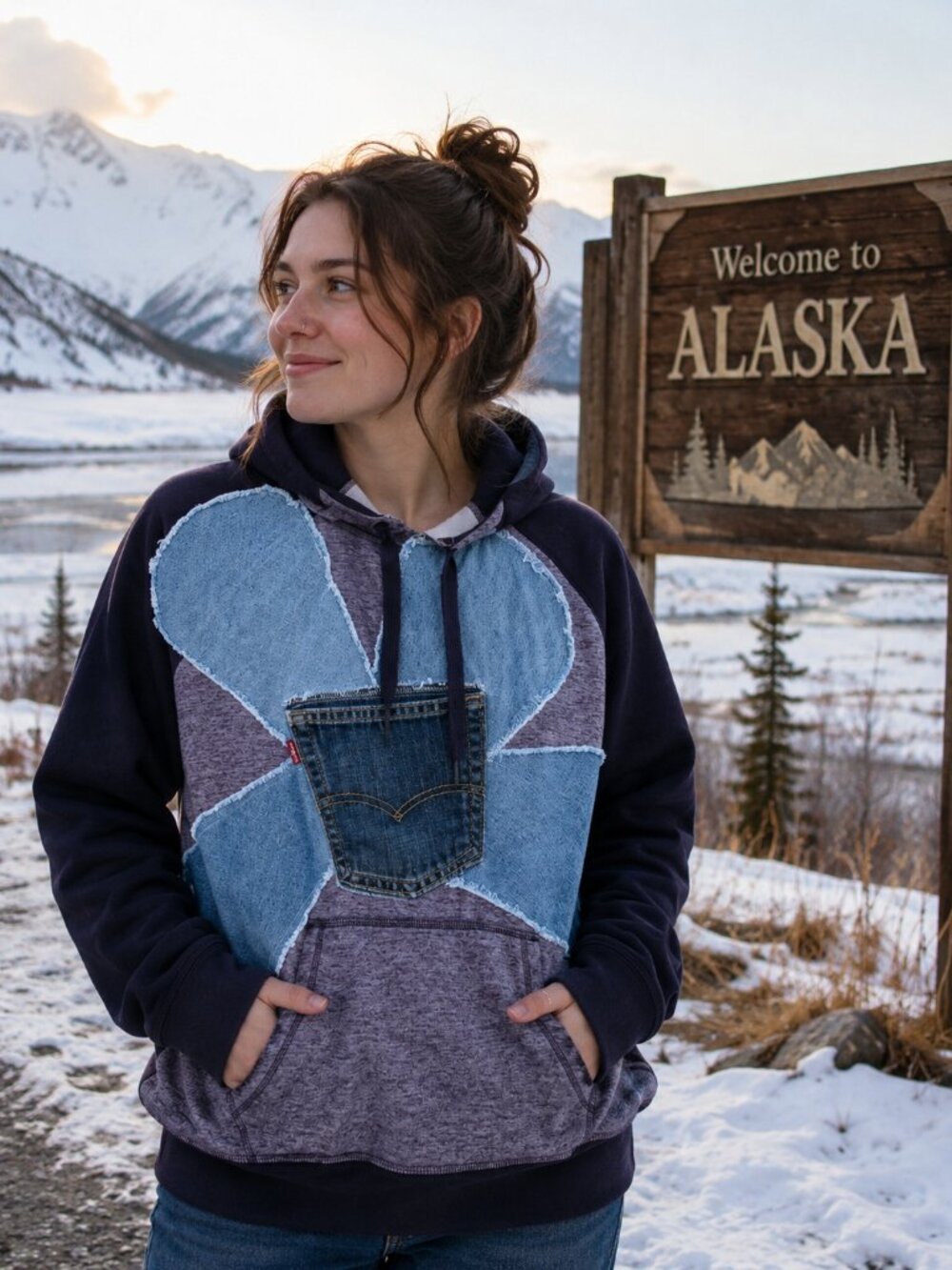 Nike Therma-FIT Upcycled Denim Flower Hoodie Large One of a Kind Handmade Alaska